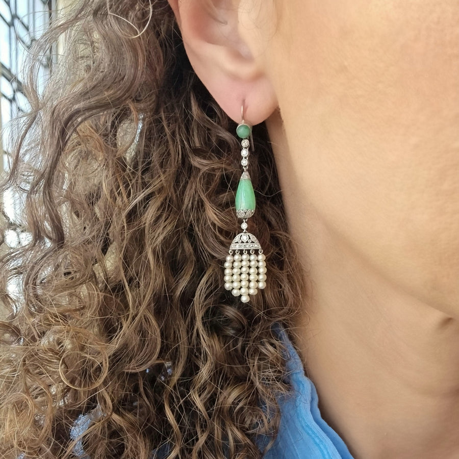 Art-Deco Diamond Jadeite & Pearl Earrings