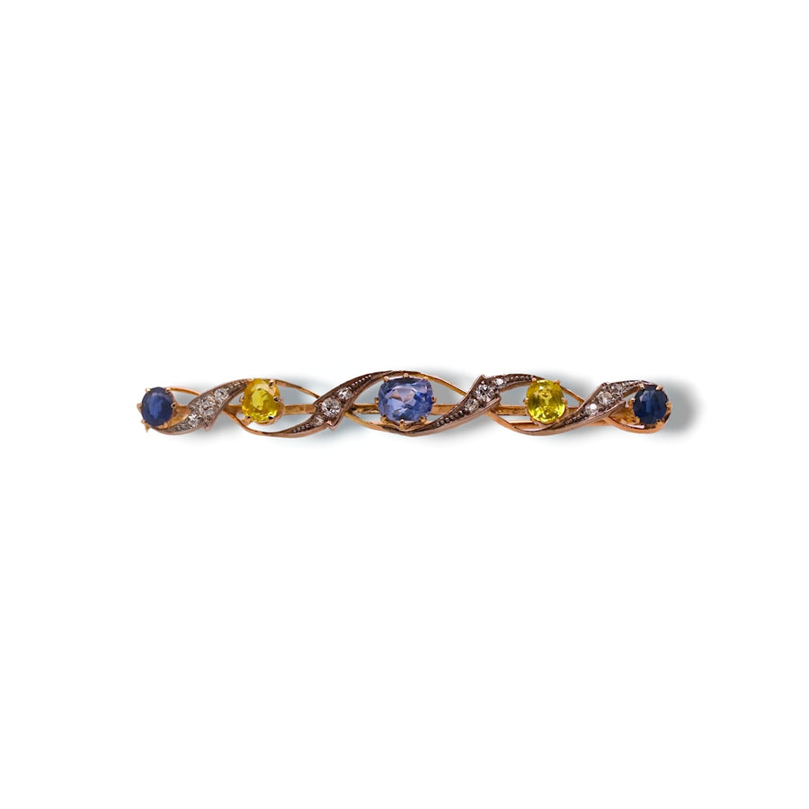18ct Edwardian Ceylon, Blue, Yellow Sapphire and Diamond Brooch