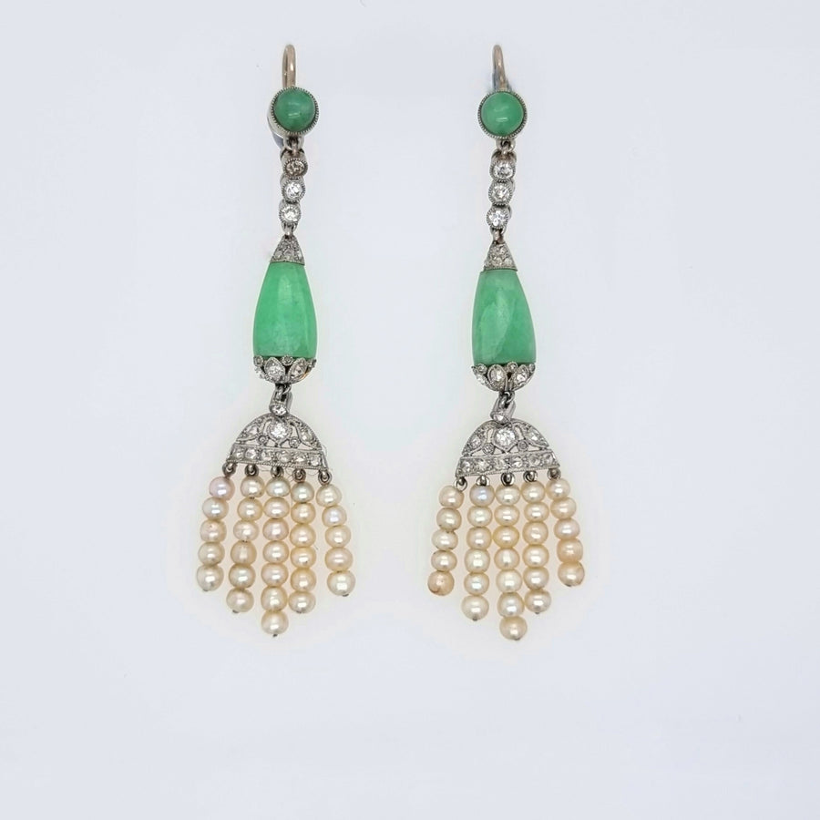 Art-Deco Diamond Jadeite & Pearl Earrings