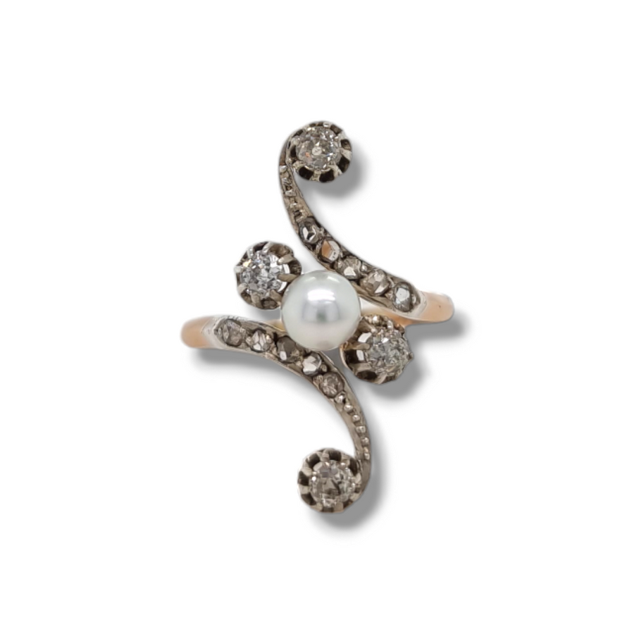 Pearl and Diamond Swirl Ring