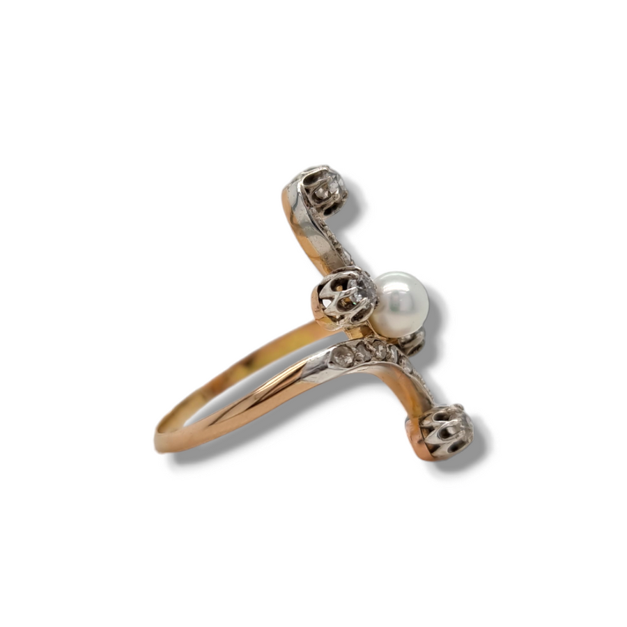 Pearl and Diamond Swirl Ring