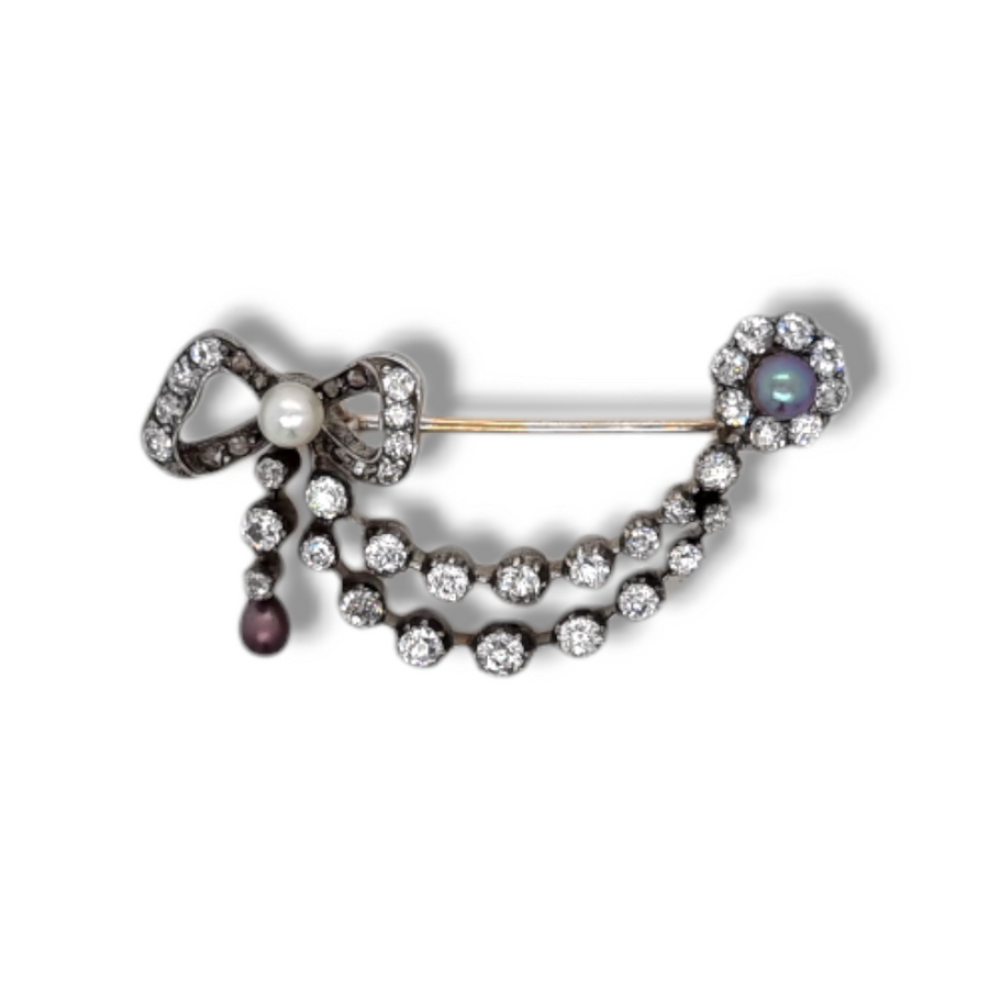 Diamond & Pearl Bow Brooch