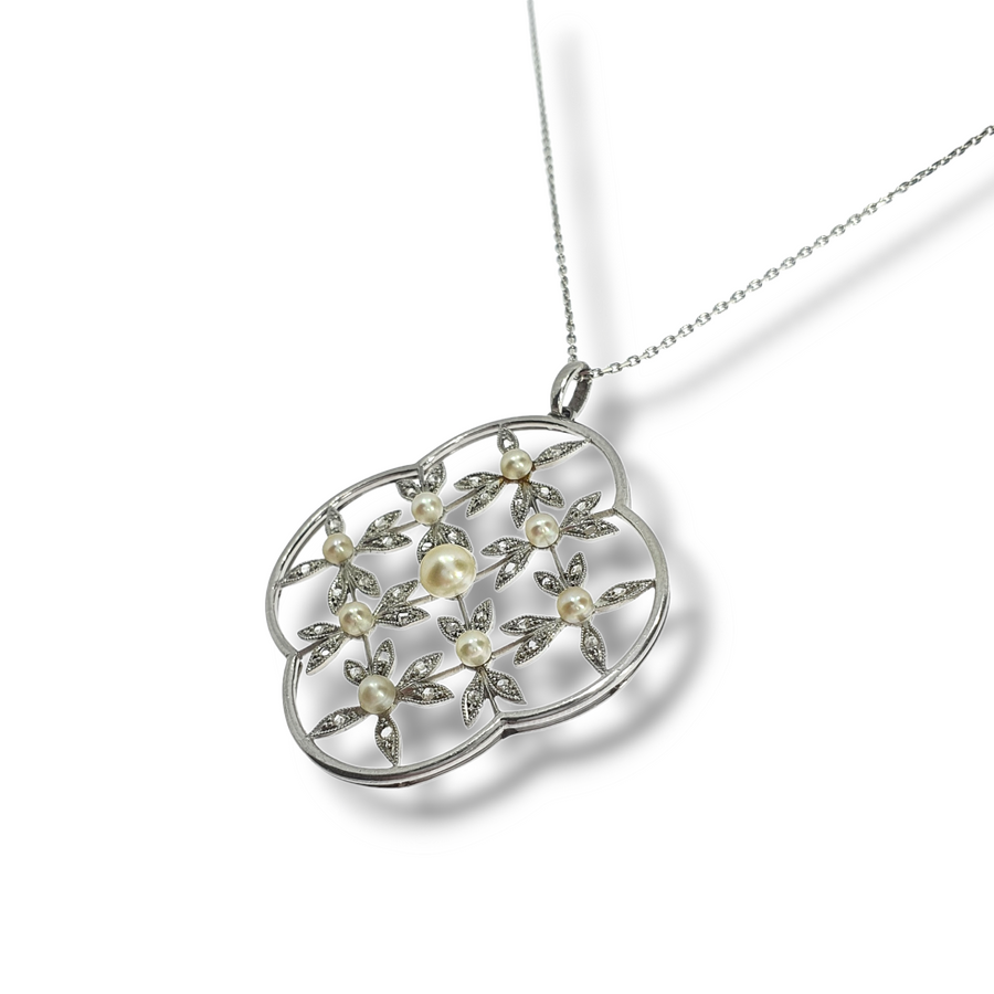 Edwardian Pearl & Diamond Quatrefoil Necklace