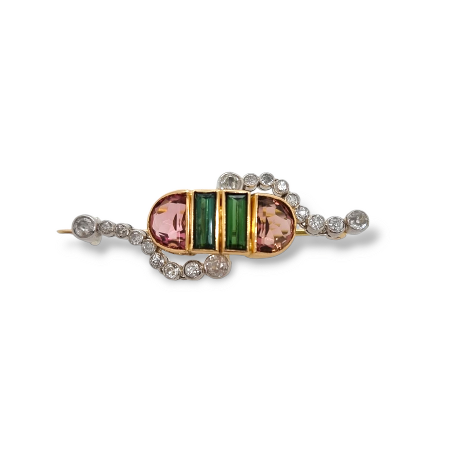 Pink Garnet, Tourmaline & Diamond Brooch