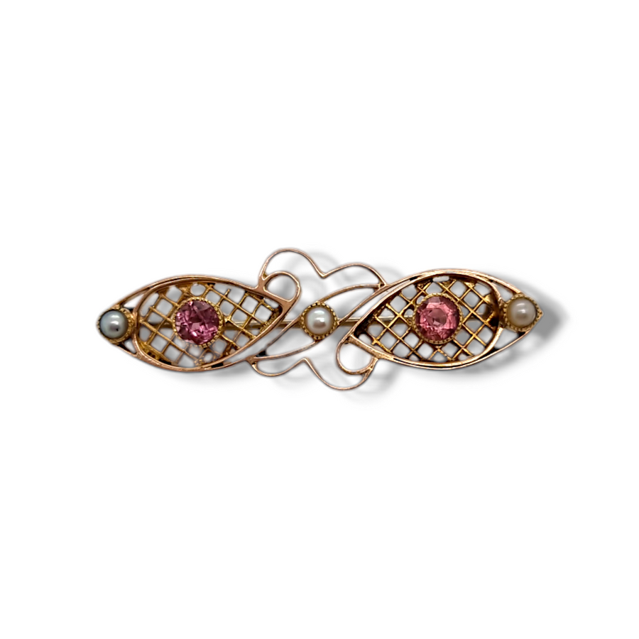 Edwardian Pink Tourmaline Pearl Brooch