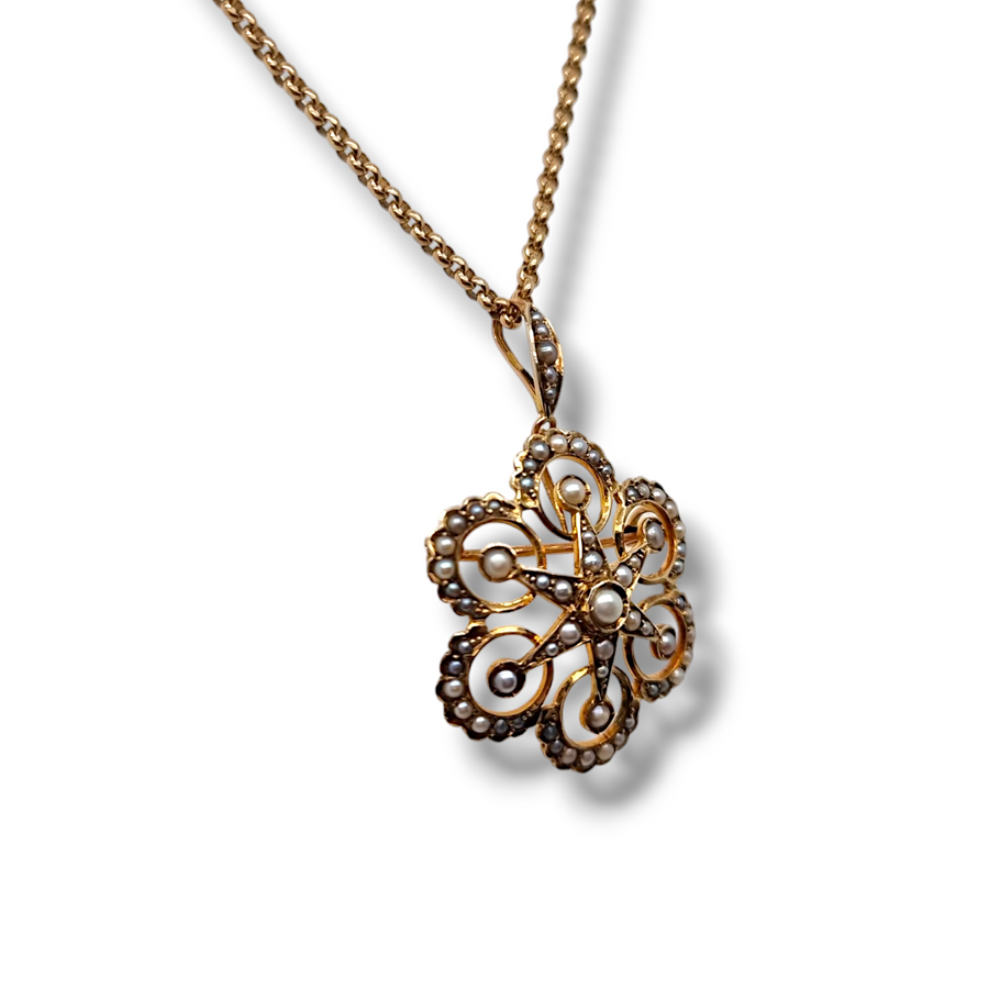 9ct Edwardian Seed Pearl Pendant Necklace