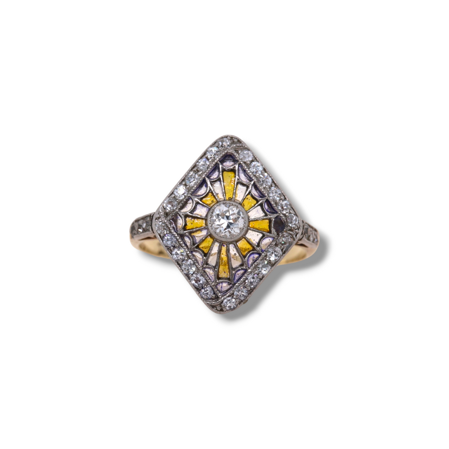 18ct Yellow Gold Plique A Jour Diamond Dress Ring