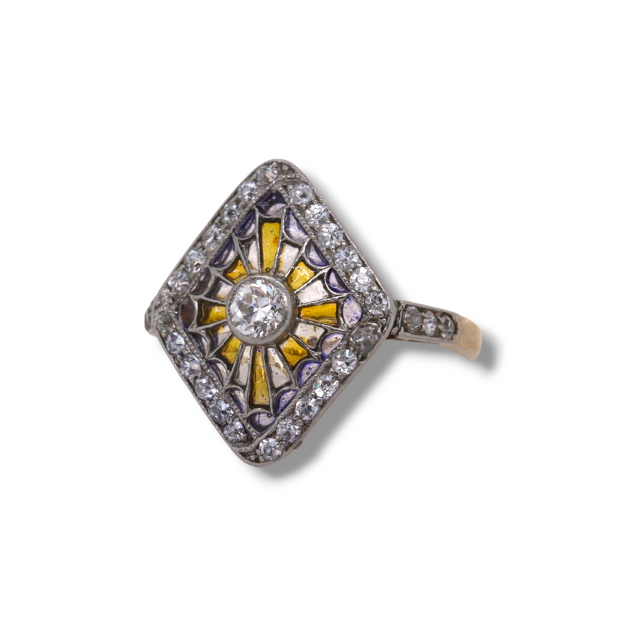 18ct Yellow Gold Plique A Jour Diamond Dress Ring