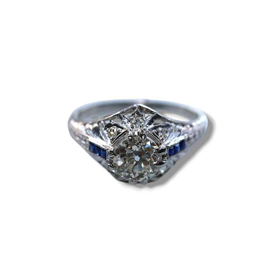 Edwardian Filigree Diamond & Sapphire Ring