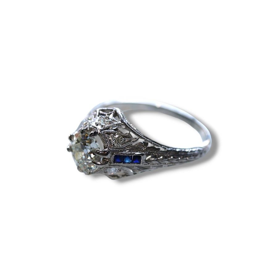 Edwardian Filigree Diamond & Sapphire Ring