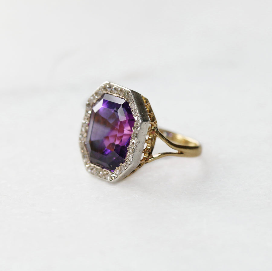 18ct Yellow Gold Amethyst & Diamond Cluster Ring