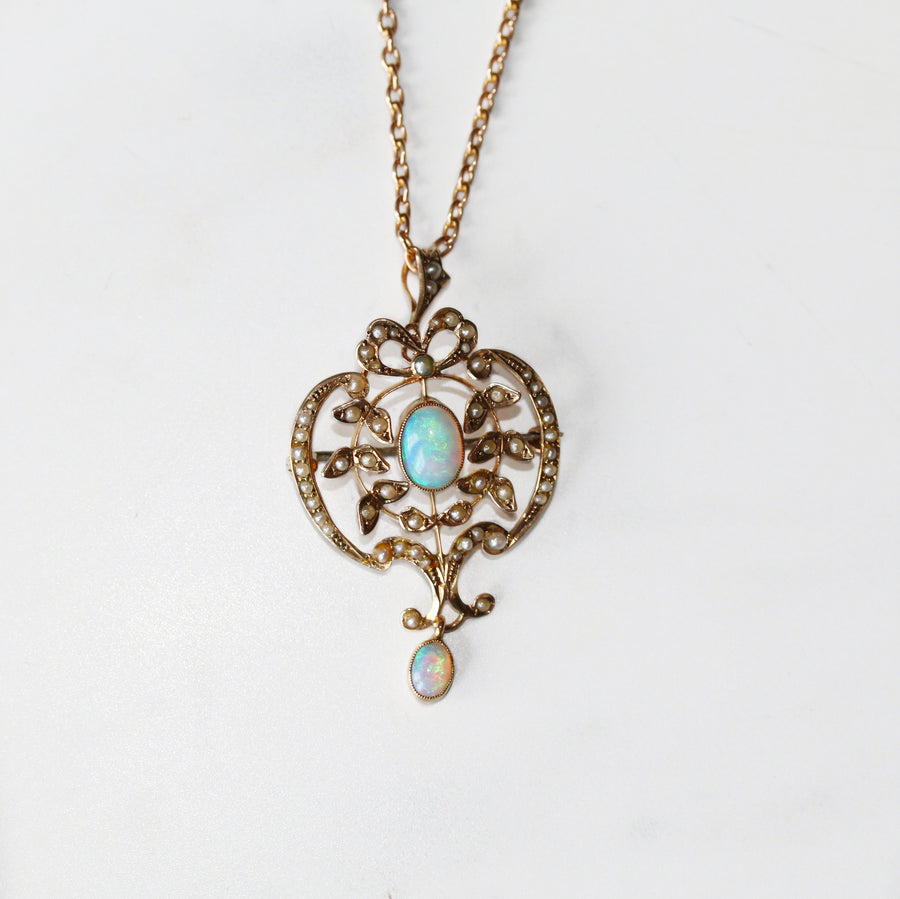 9ct Rose Gold Seed Pearl & Opal Necklace