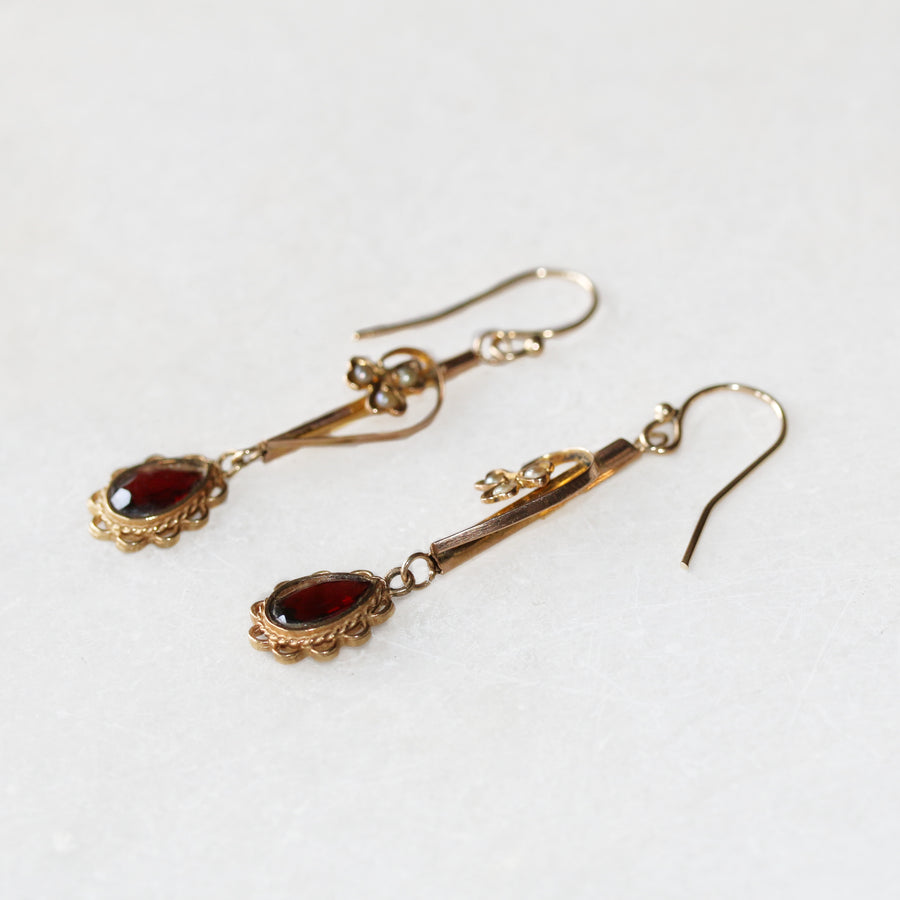 9ct Rose Gold Garnet & Seed Pearl Drop Earrings