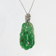 Art Deco Platinum Carved Jade Pendant with Diamond Lucky Symbol
