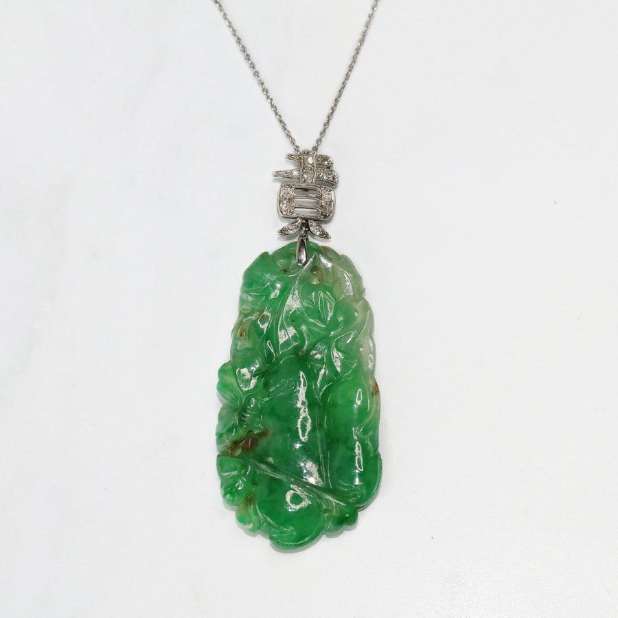 Art Deco Platinum Carved Jade Pendant with Diamond Lucky Symbol