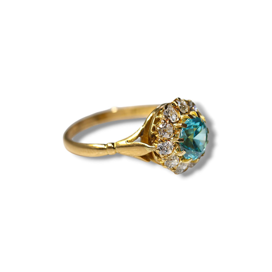 Blue Zircon and Diamond Cluster ring