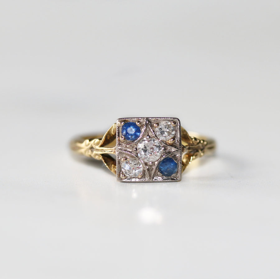 Art Deco 18ct Yellow Gold Sapphire & Diamond Dress Ring