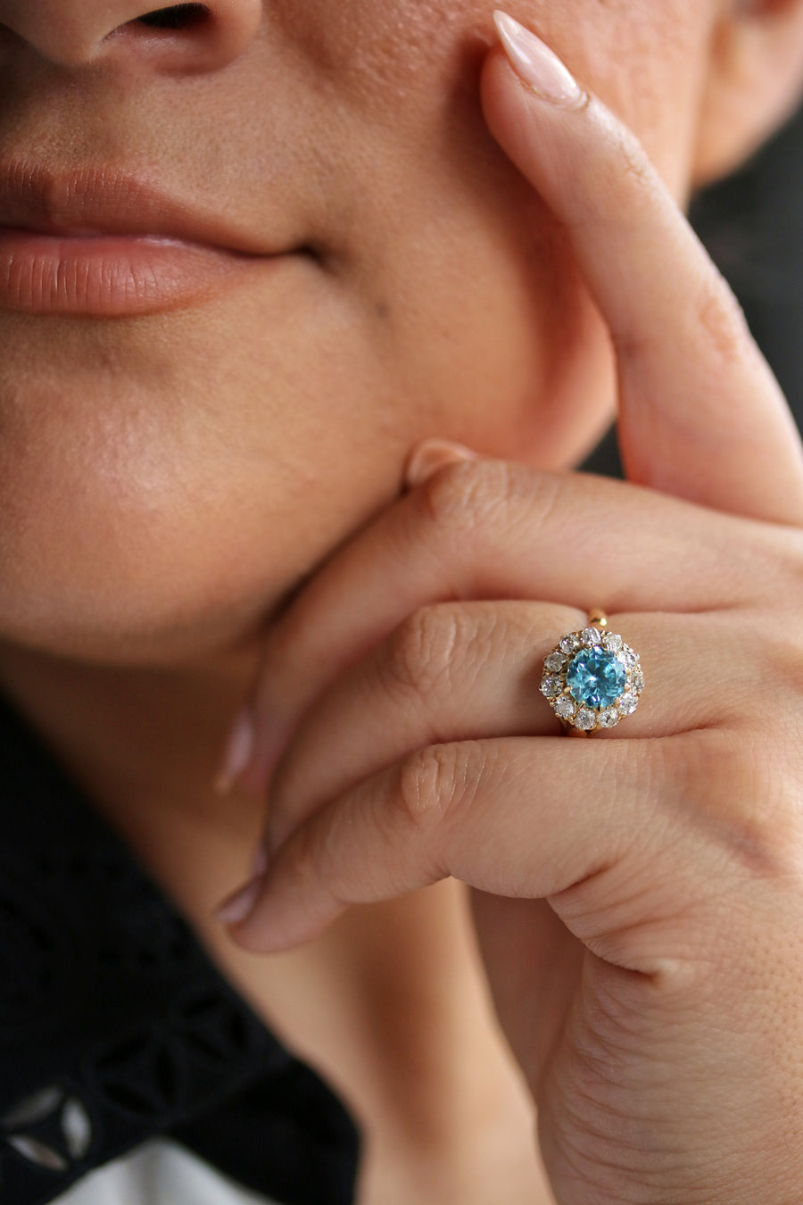 Blue Zircon and Diamond Cluster ring