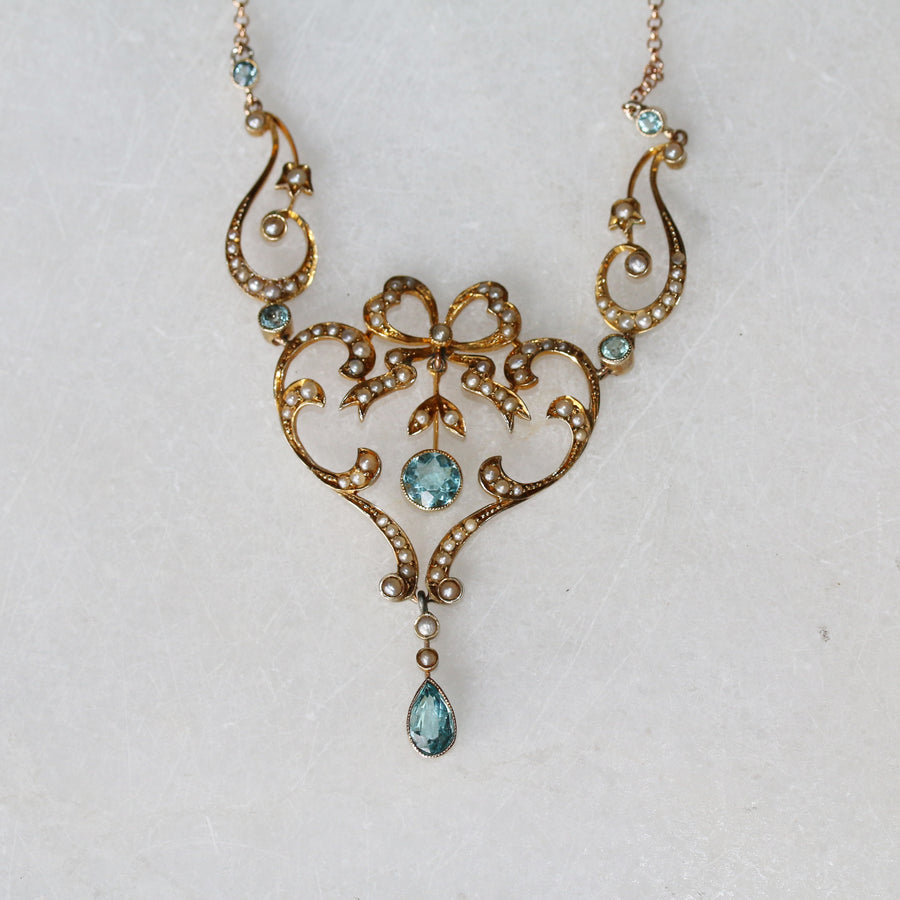 Edwardian Aquamarine and Seed Pearl Necklace