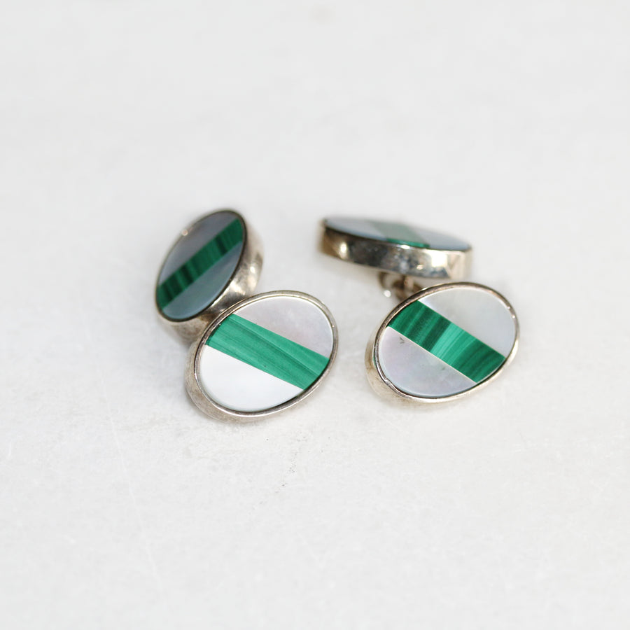 Oval Mother of Pearl and Malachite Chain Cufflinks