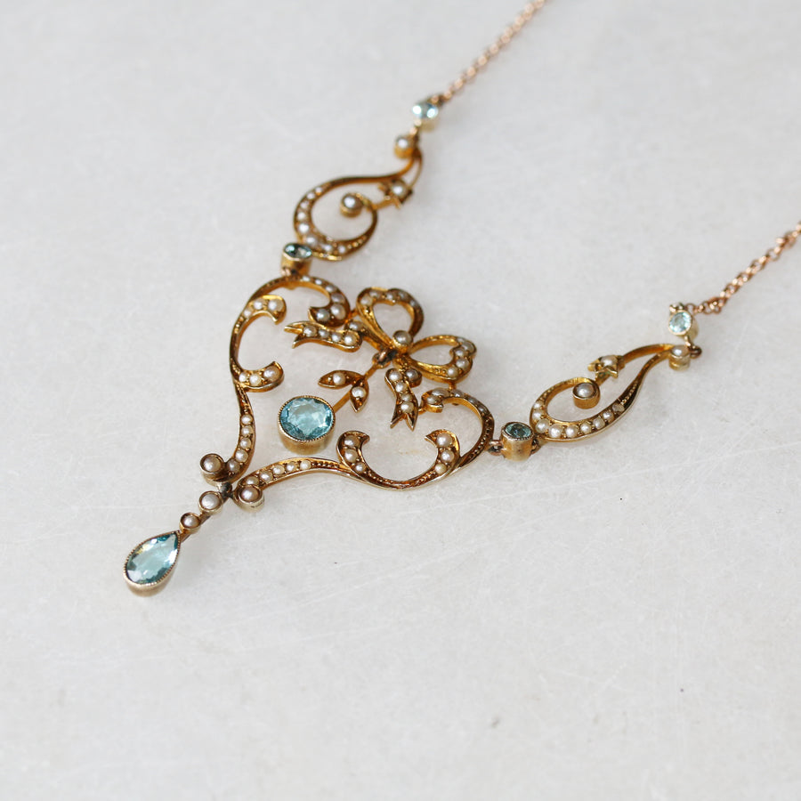Edwardian Aquamarine and Seed Pearl Necklace