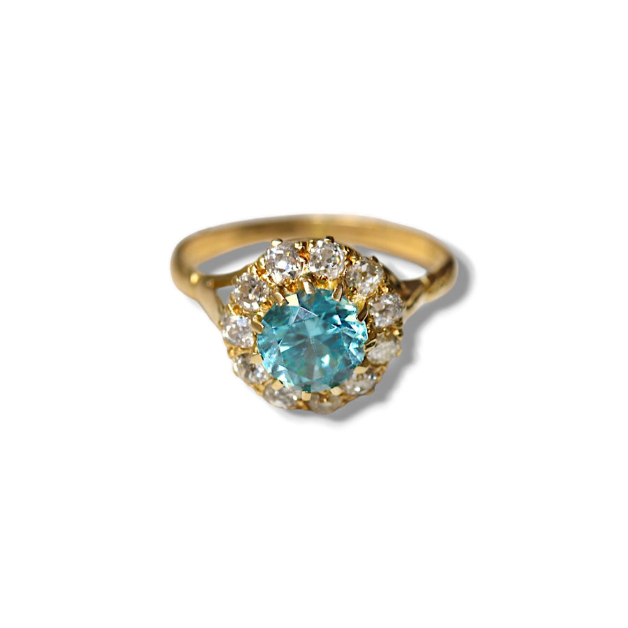 Blue Zircon and Diamond Cluster ring