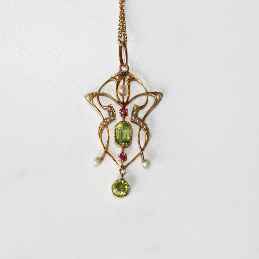 15ct Peridot, Ruby & Seed Pearl Pendant & 9ct Chain