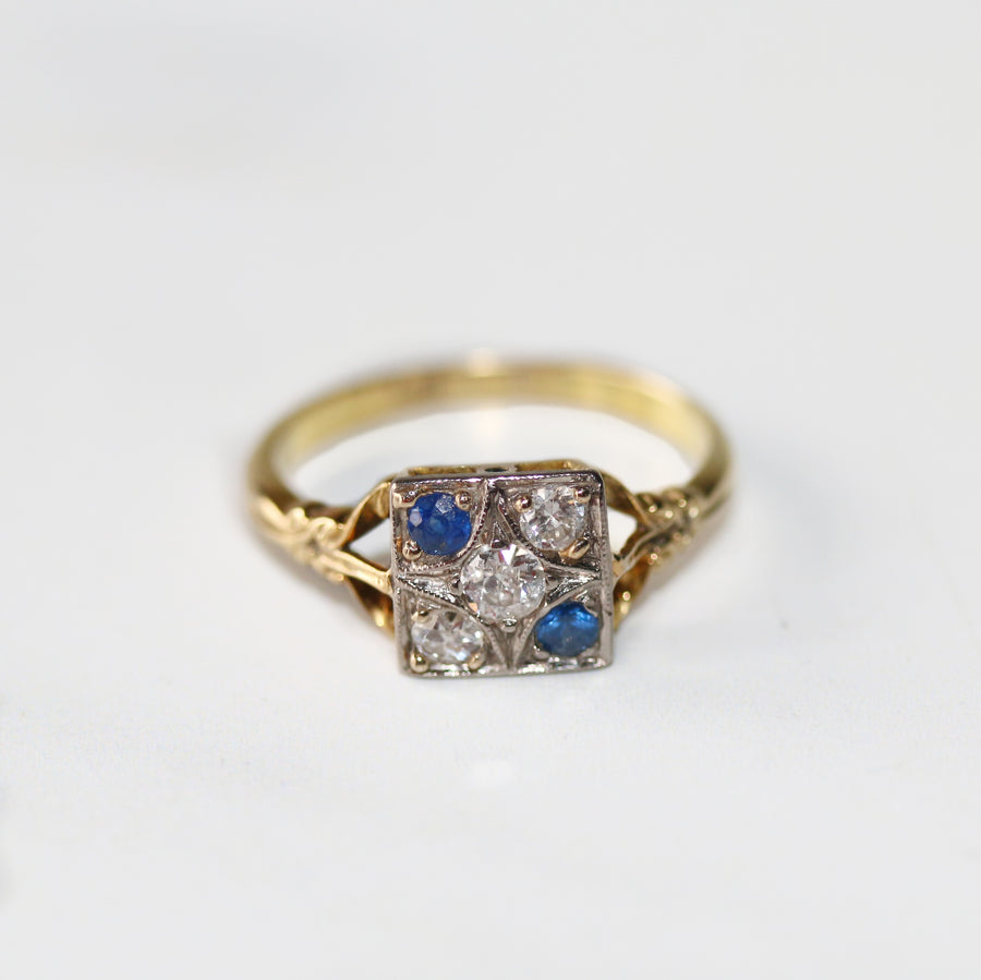 Art Deco 18ct Yellow Gold Sapphire & Diamond Dress Ring