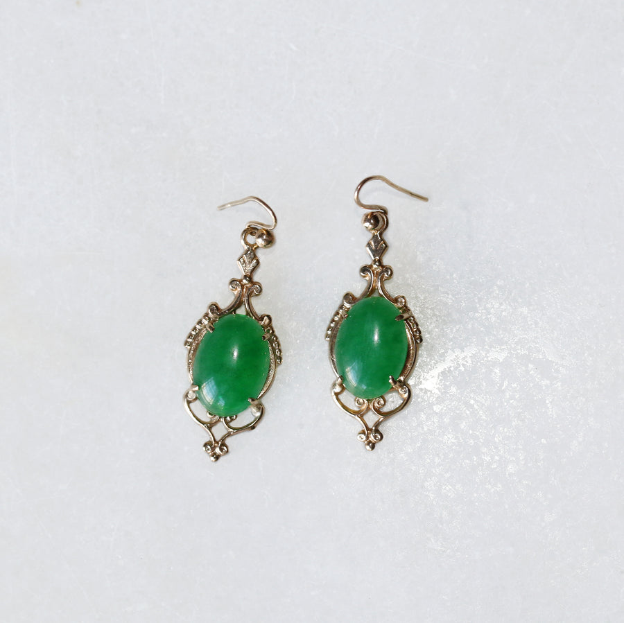 9ct Yellow Gold Ornate Jade Drop Earrings