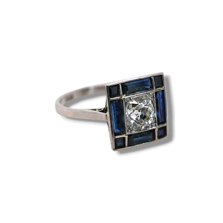 Platinum Art Deco Sapphire & Diamond Panel Ring