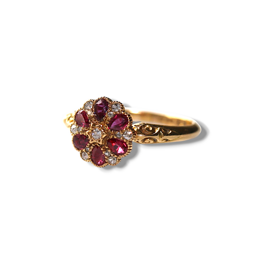 18ct Yellow Gold Ruby & Diamond Cluster Ring