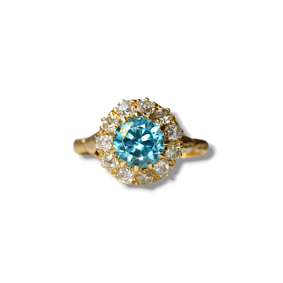 Blue Zircon and Diamond Cluster ring