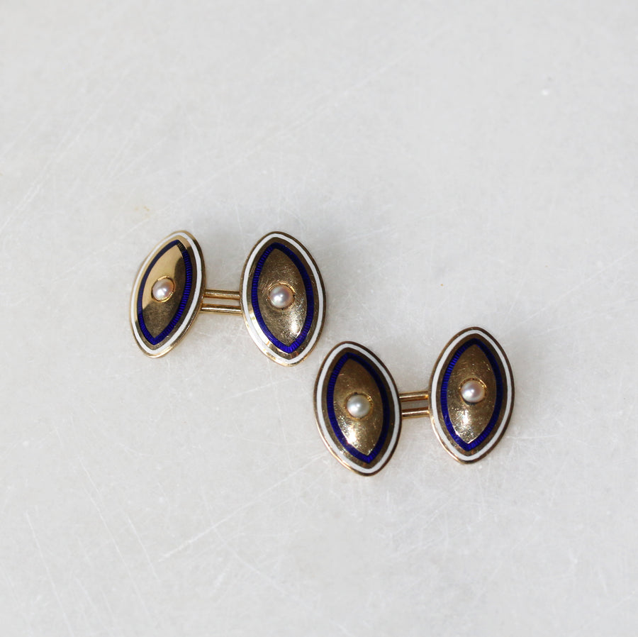 18ct Gold Marquise Shaped Blue & White Enamel with Seed Pearl Cufflinks