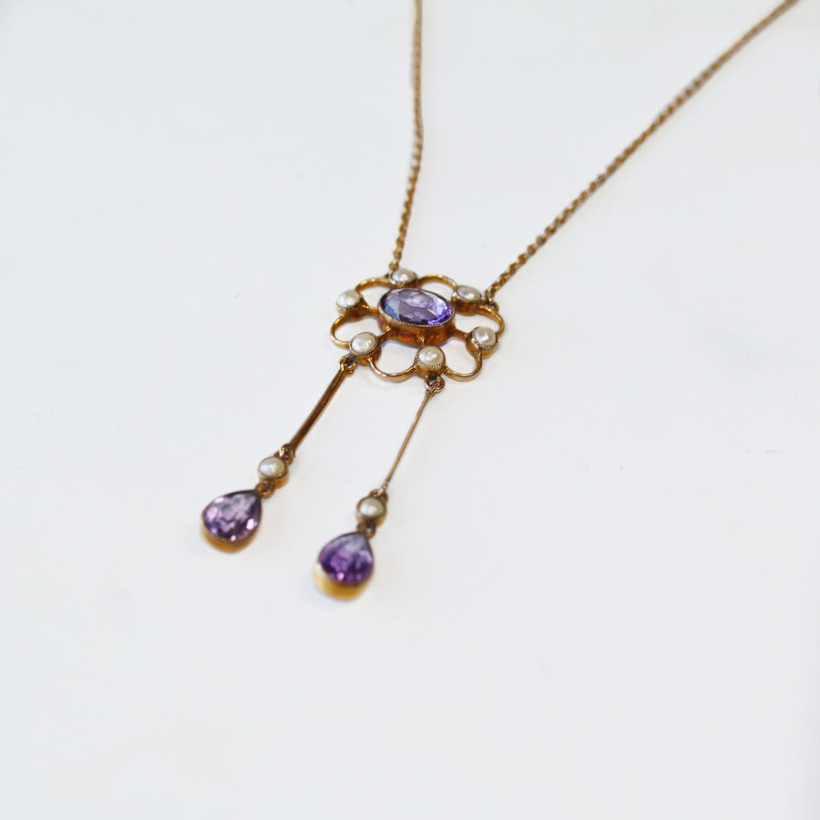 9ct Rose Gold Amethyst & Pearl Floral Drop Necklace