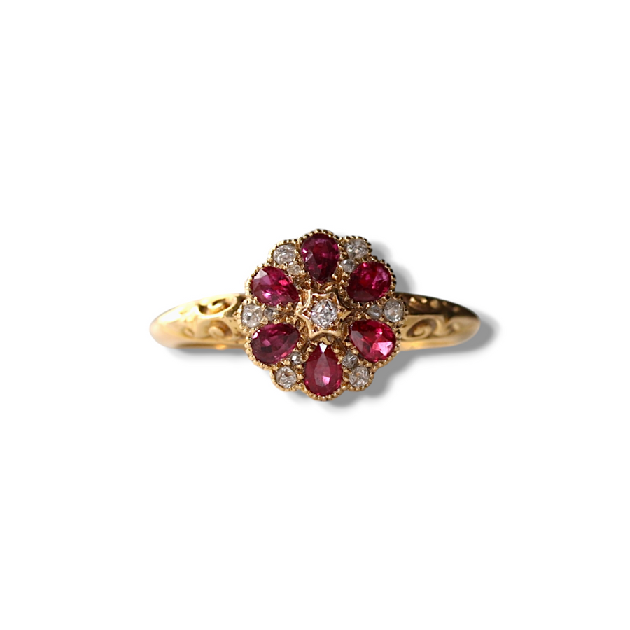 18ct Yellow Gold Ruby & Diamond Cluster Ring