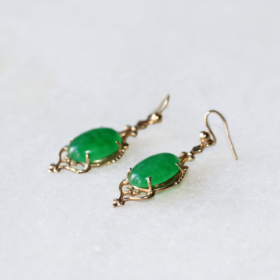 9ct Yellow Gold Ornate Jade Drop Earrings