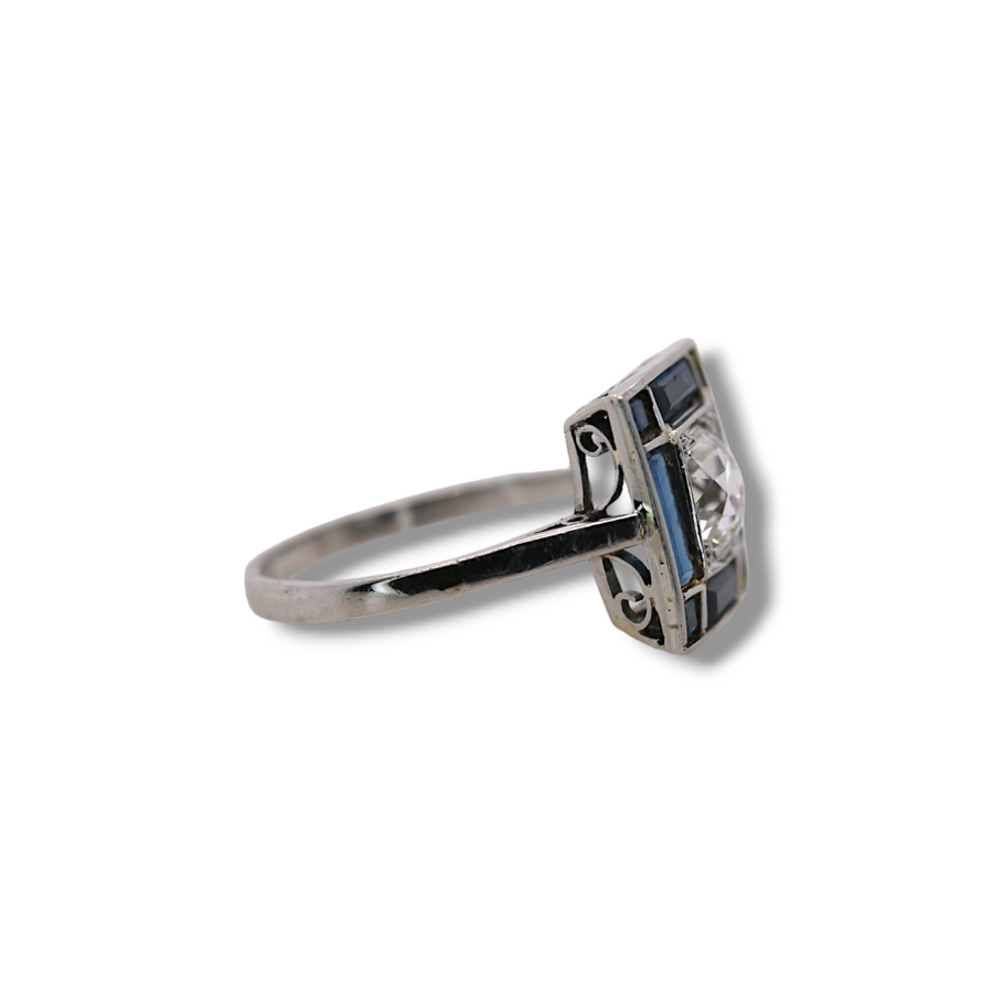 Platinum Art Deco Sapphire & Diamond Panel Ring