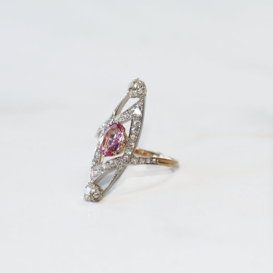 Antique Pink Sapphire & Diamond Panel Ring