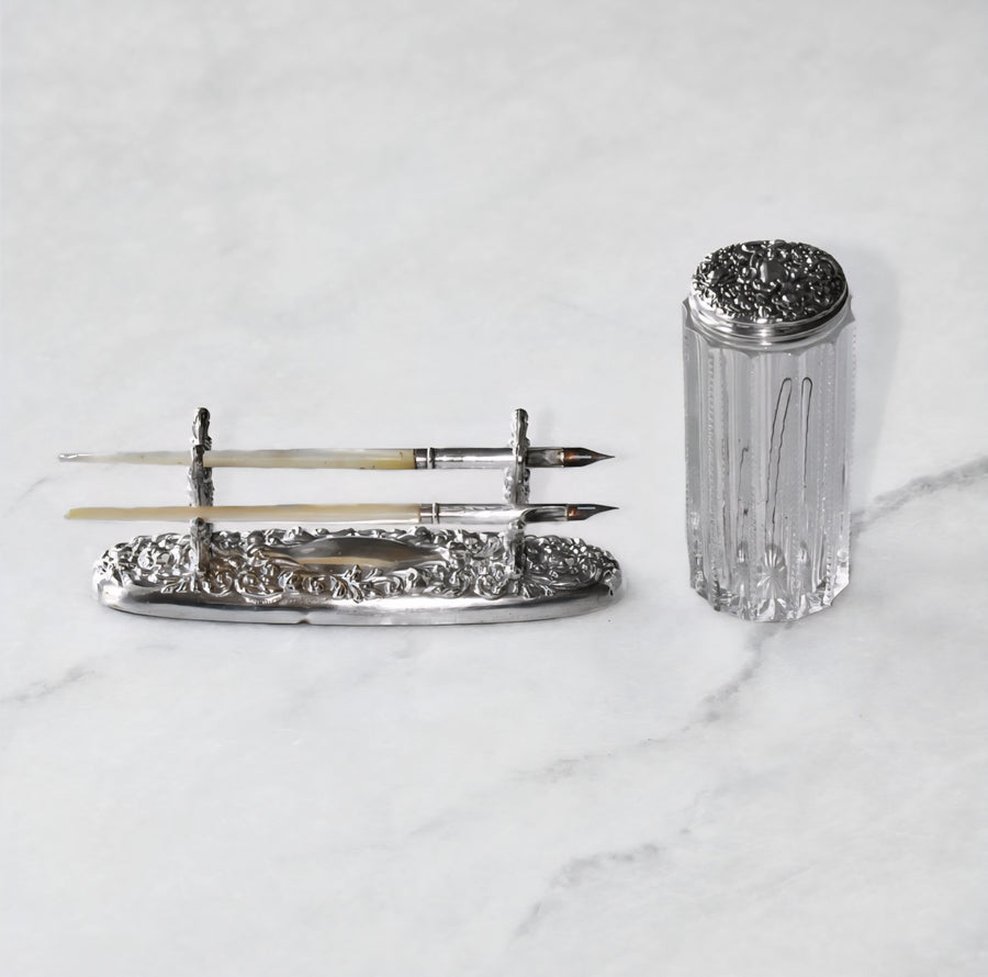 Antique Silver Pen Stand with Silver Pens and Sandbox