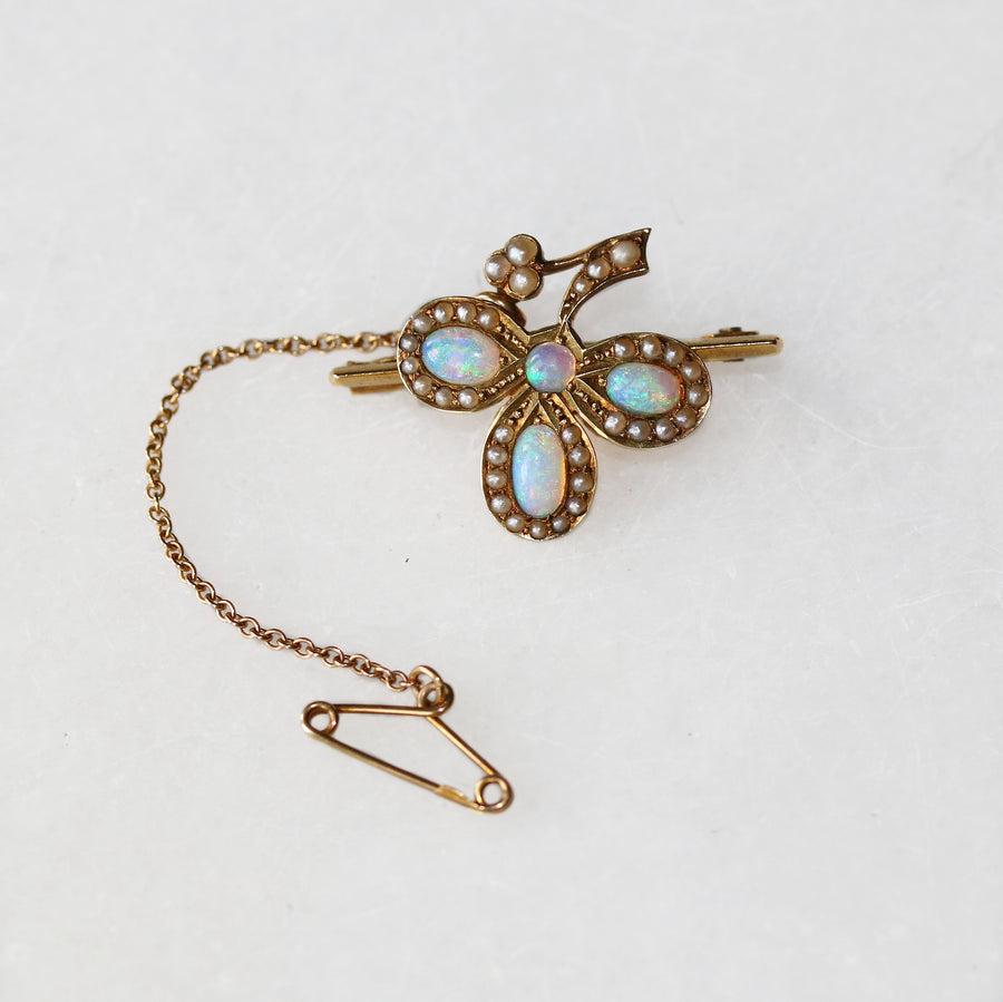 9ct Yellow Gold Opal & Seed Pearl Brooch