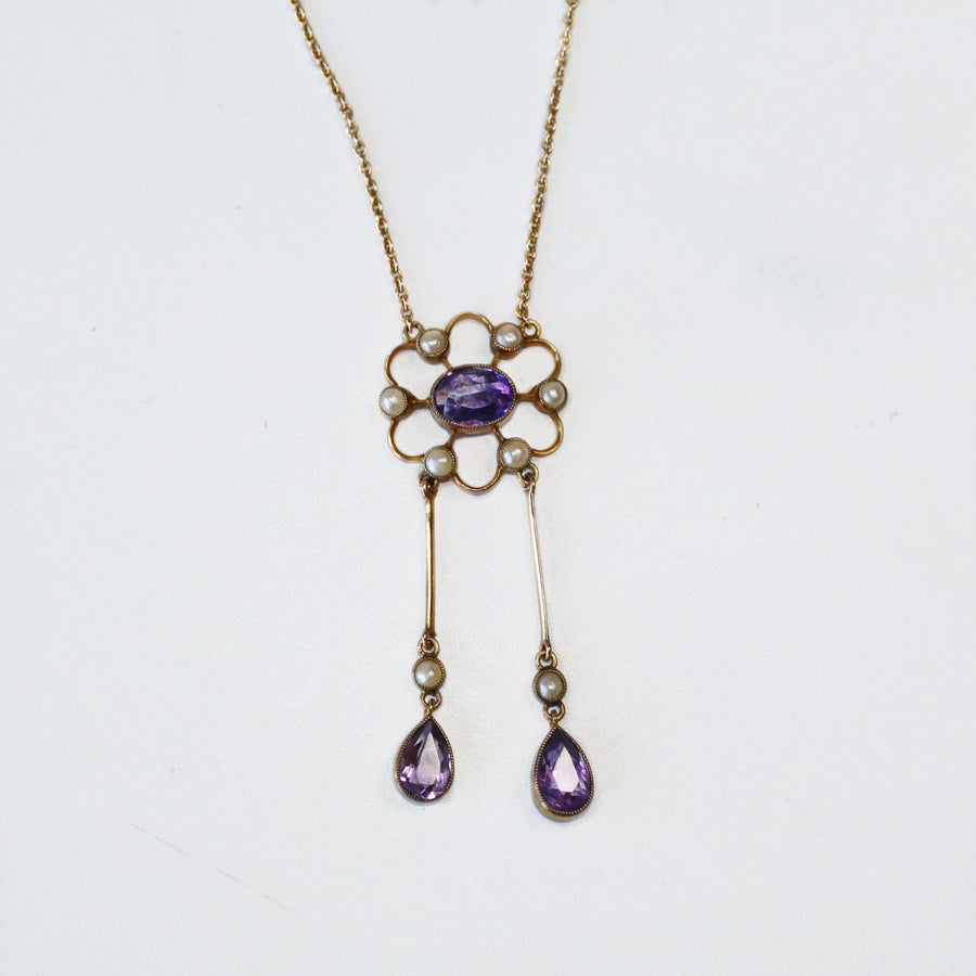 9ct Rose Gold Amethyst & Pearl Floral Drop Necklace