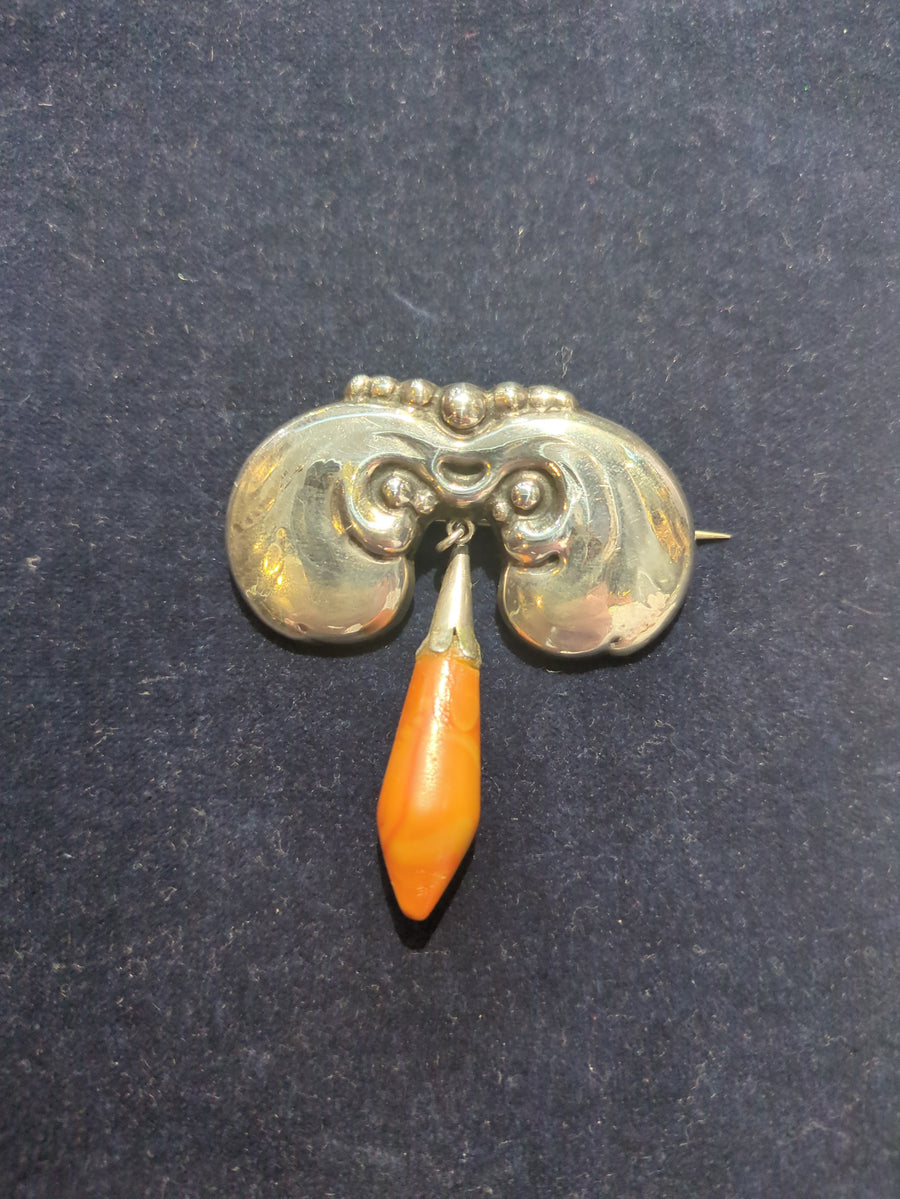Danish Silver Brooch with Amber Drop