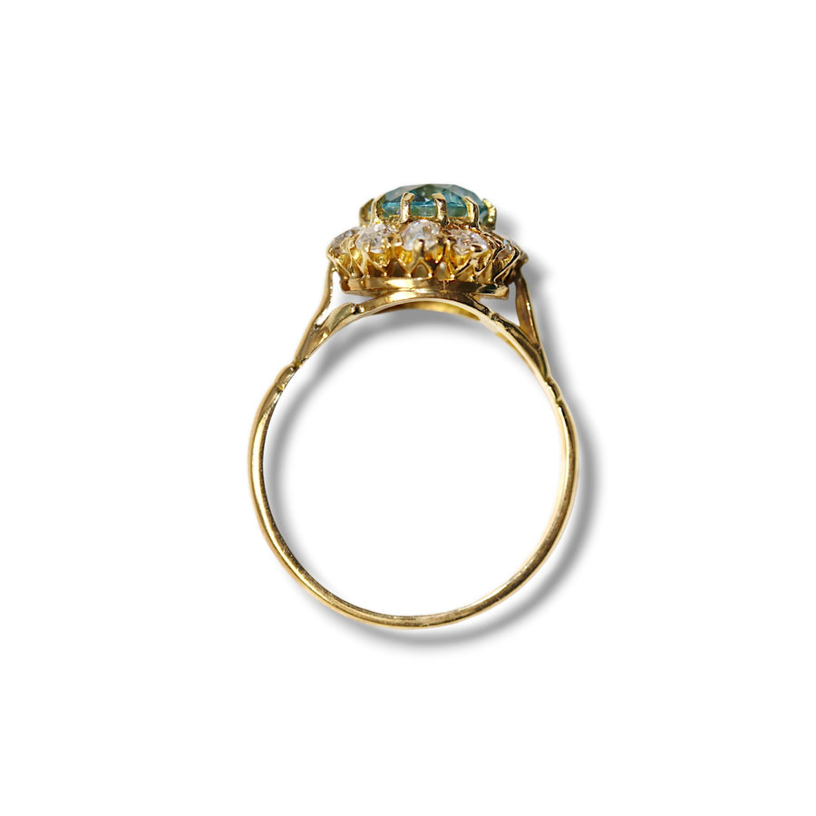 Blue Zircon and Diamond Cluster ring