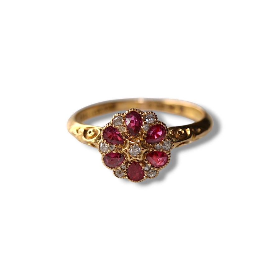 18ct Yellow Gold Ruby & Diamond Cluster Ring