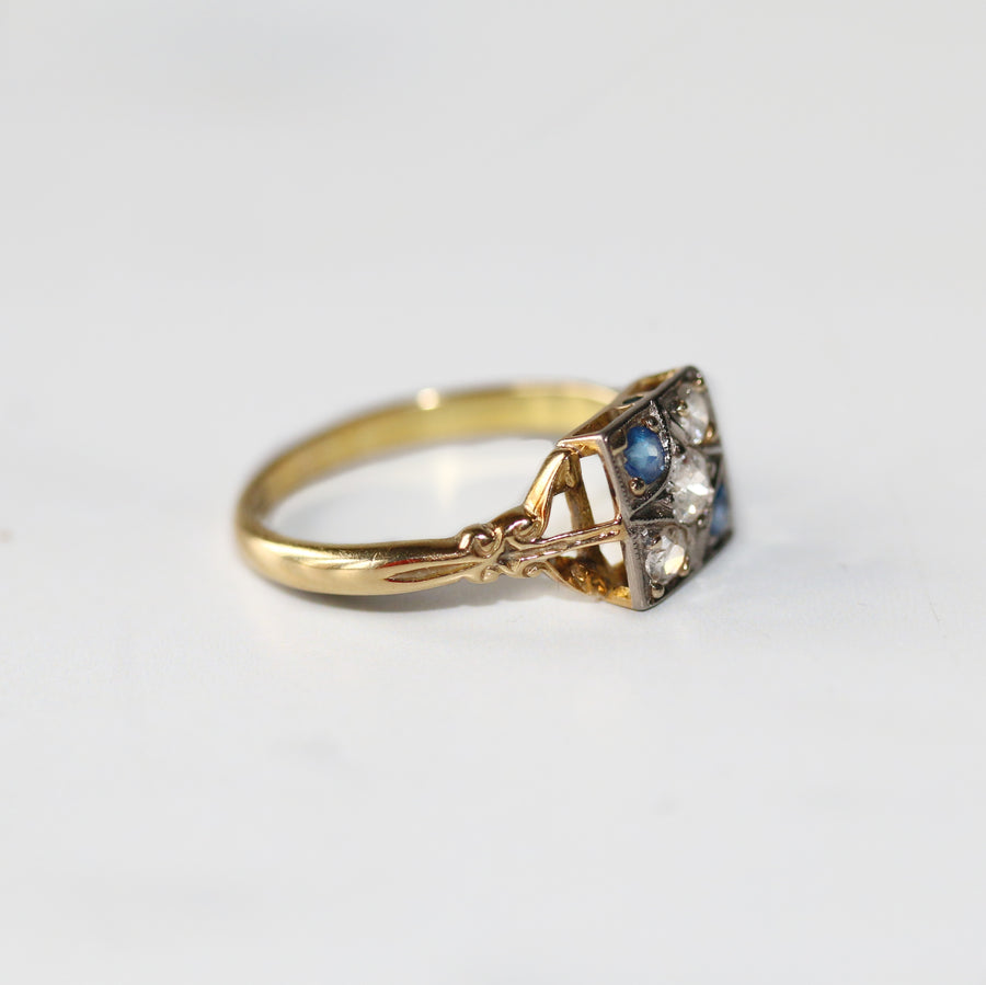 Art Deco 18ct Yellow Gold Sapphire & Diamond Dress Ring
