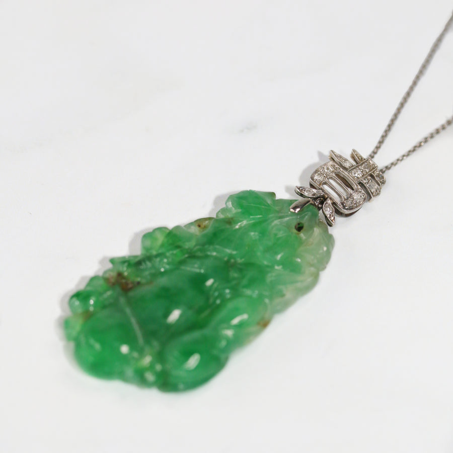 Art Deco Platinum Carved Jade Pendant with Diamond Lucky Symbol