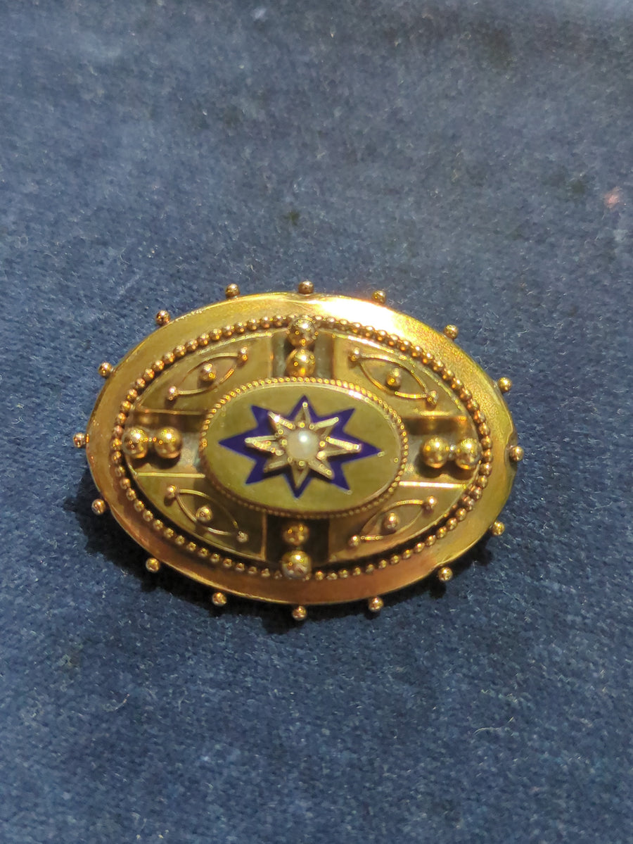 Blue Enamel & Pearl Oval Brooch