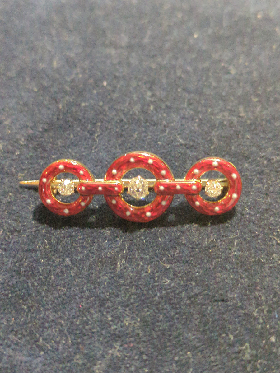 15ct YG Red Enamel & Diamond Brooch