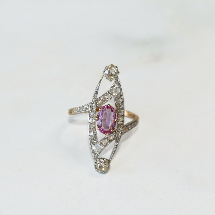 Antique Pink Sapphire & Diamond Panel Ring