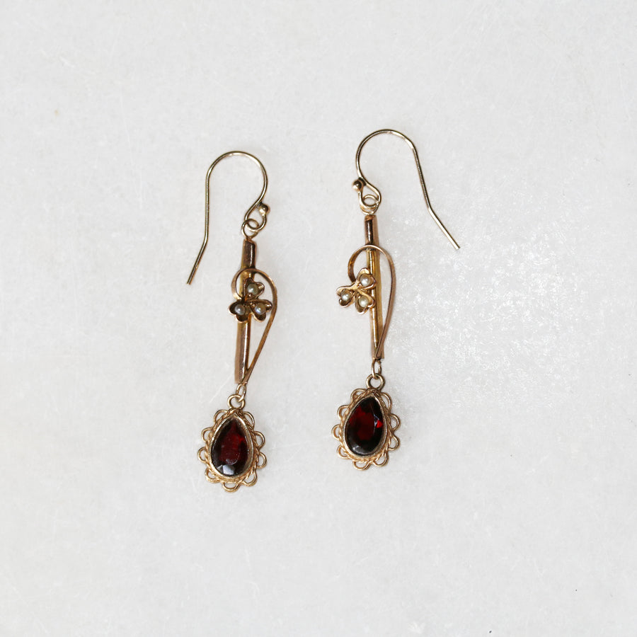 9ct Rose Gold Garnet & Seed Pearl Drop Earrings